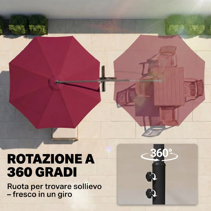 Outsunny Ombrellone da Giardino 3x2.5 m a Braccio Inclinabile con Manovella, Rosso Scuro