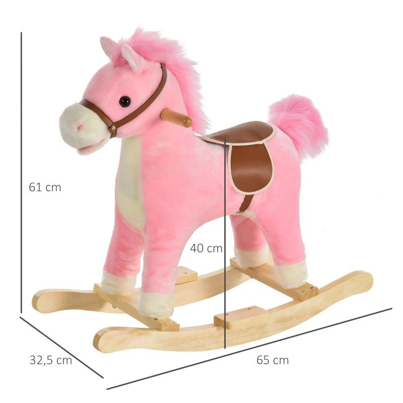 HOMCOM Juguete Balancín de Felpa Suave con Música Relinchos Sonidos de Galope Boca y Cola Móviles 65x32,5x61 cm Rosa