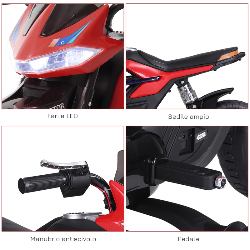 HOMCOM Moto Elettrica per Bambini da 6V con Rotelle, Fari e Musica, in PP e Metallo, 105x52.3x62.3 cm, Rosso