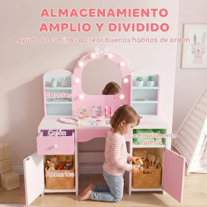 AIYAPLAY Tocador de Maquillaje Niña con Espejo de LED de 2 Colores Taburete 2 Armarios Cajón Estantes Compartimento Rosa