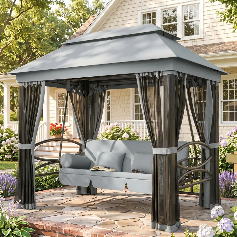 Outsunny 3 Seater Swing Chair 3-in-1 Convertible Garden Swing Seat Bed Gazebo Patio Bench Outdoor with Double Tier Canopy, Cushioned Seat, Mesh Sidewalls, Grey