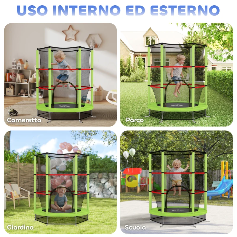 HOMCOM Tappeto Elastico per Bambini 3-6 Anni con Rete di Protezione, 6 Colonne e 3 Ingressi, Ø140x190 cm, Verde e Nero