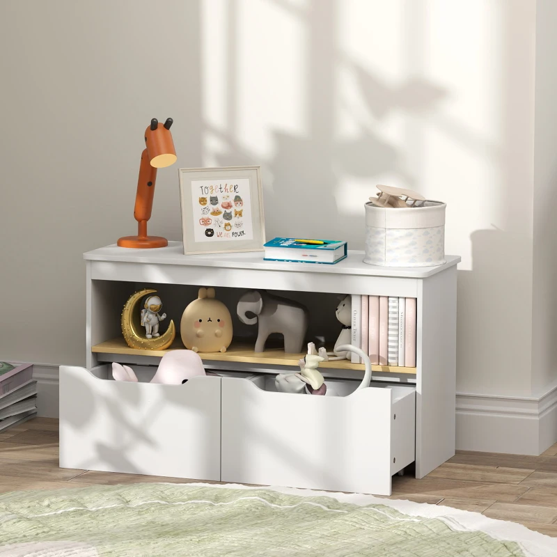 AIYAPLAY Estantería para Juguetes Infantil con 2 Cajones y Compartimento para Salón Dormitorio Sala de Juegos 80x30x45 cm Blanco