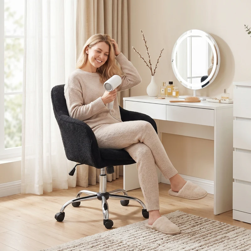 HOMCOM Modern Makeup Vanity Chair, Snow Flannel Office Chair with Tub Back, Black