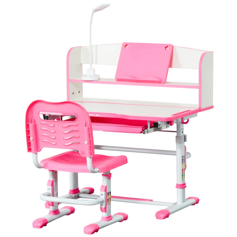 HOMCOM Banco Scuola per Bambini 6-12 Anni Regolabile con Luce LED, Leggio e Portapenne, in MDF, PP e Acciaio, Rosa