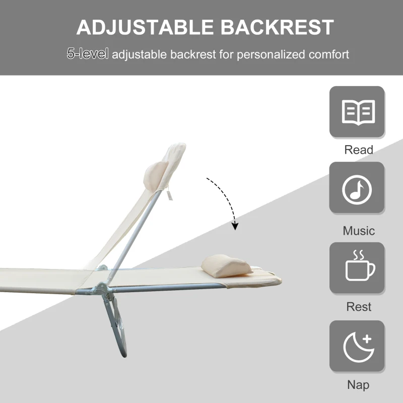 Outsunny Folding Sun Lounger, Texteline Reclining Sun Bed with 5 Position Adjustable Backrest, Headrest, Beige