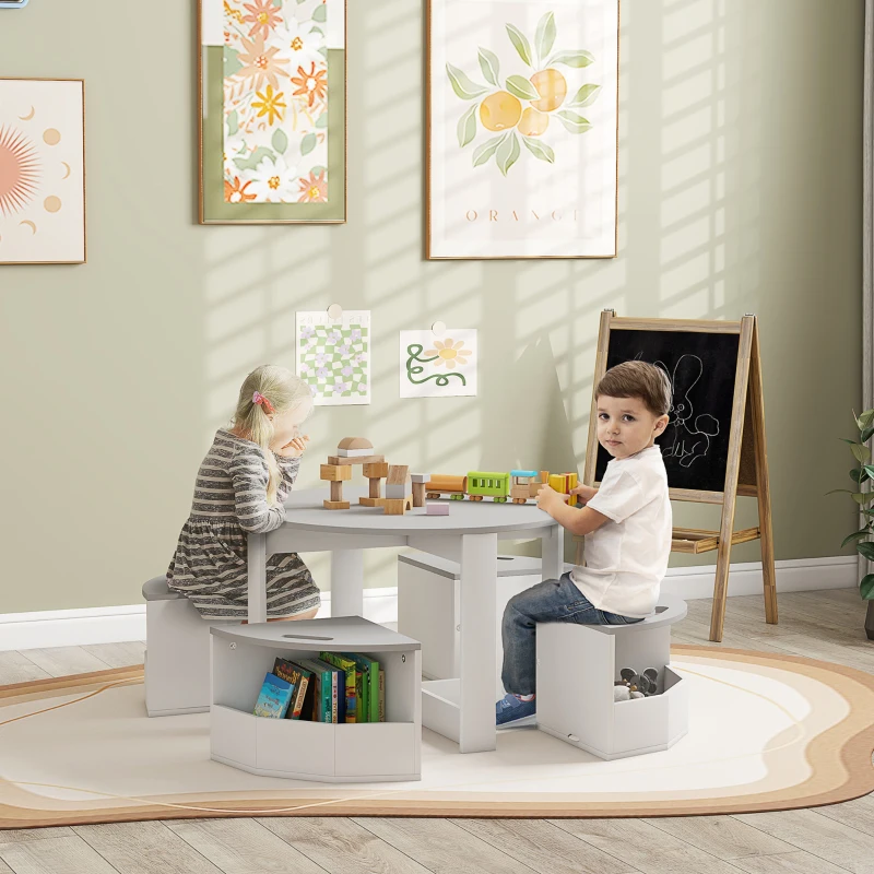AIYAPLAY Table Enfant avec 4 Chaises 5 Pièces avec Rangement, Cadeau pour Fille Garçon 3-8 Ans, Ø 78 x 49 cm, Gris
