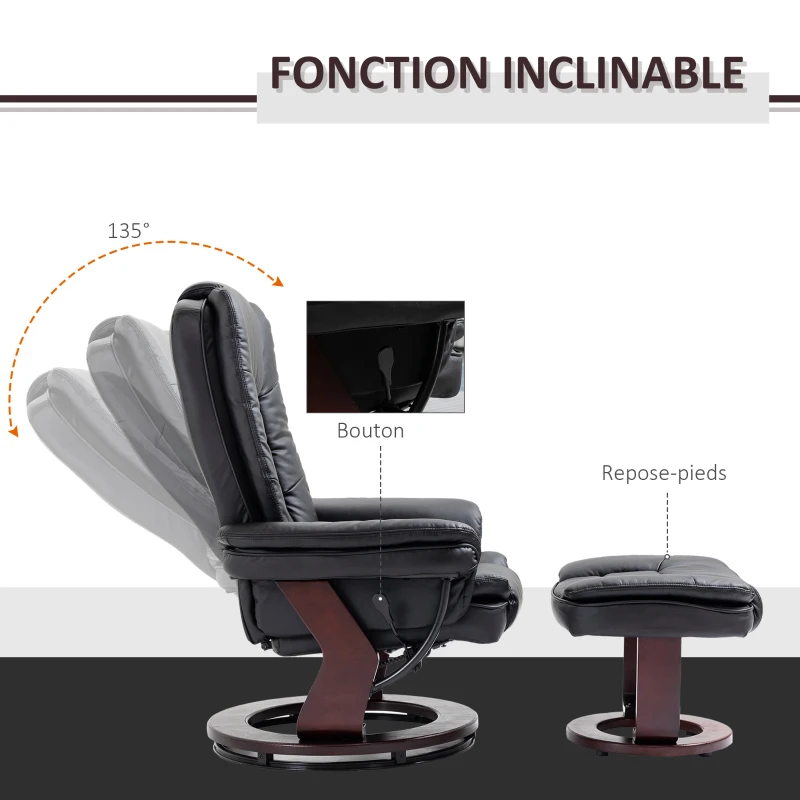HOMCOM Fauteuil relax inclinable 135° grand confort pivotant 360° avec repose-pieds revêtement synthétique noir