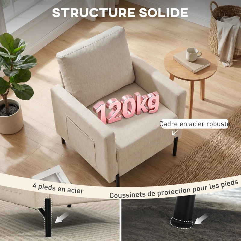 HOMCOM Fauteuil de salon, canapé 1 place rembourré avec accoudoirs, assise large et pieds en acier, 73 x 77 x 87 cm, beige
