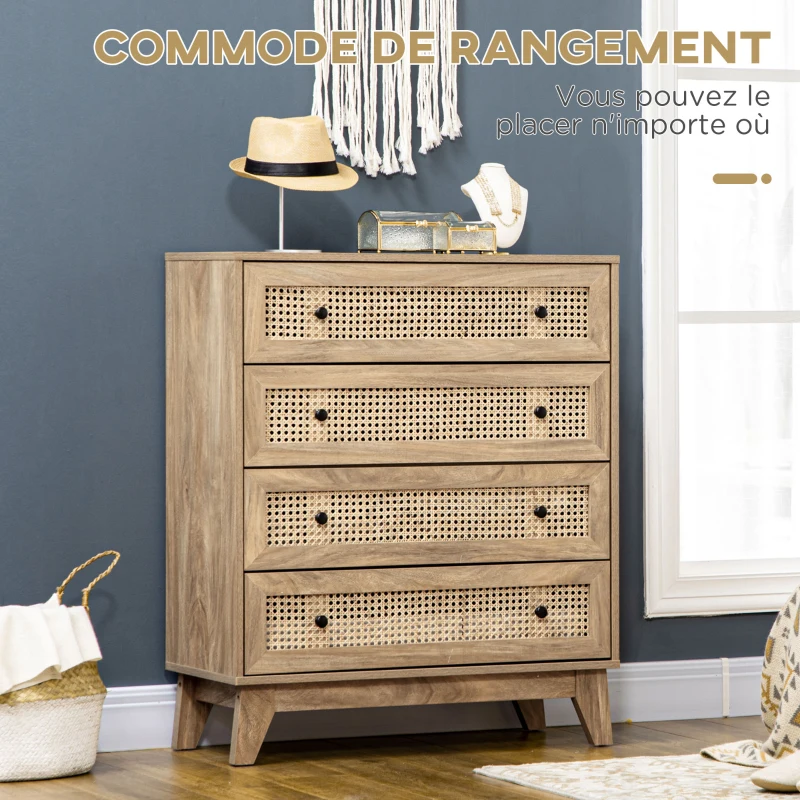 HOMCOM Commode 4 tiroirs meuble de rangement cannage en rotin aspect bois clair 80 x 35 x 95 cm