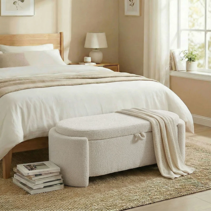 HOMCOM Banc de rangement, bout de lit ovale en polaire Teddy avec assise large, 129 x 48,5 x 44 cm, crème