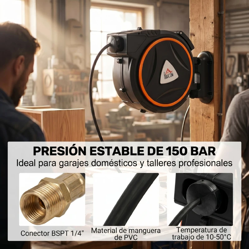 HOMCOM Manguera Compresor Aire 20 m + 2 m Conector de 1/4'' BSP con Soporte para Pared Giratorio 180° Negro