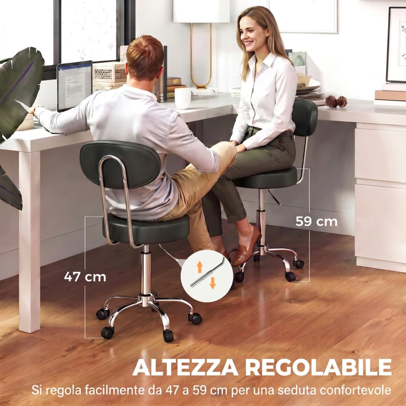 HOMCOM Sgabello con Ruote in Ecopelle PU, Regolabile, Seduta Imbottita e Schienale, Nero