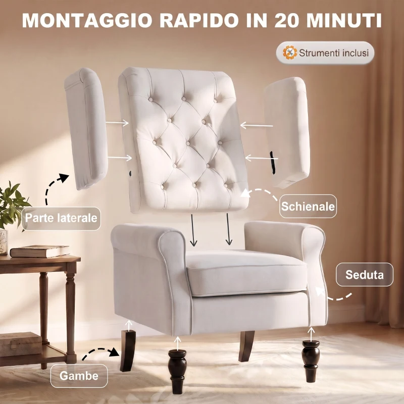 HOMCOM Poltrona da Salotto Imbottita in Velluto con Schienale Trapuntato, 74x86x102cm, Bianco