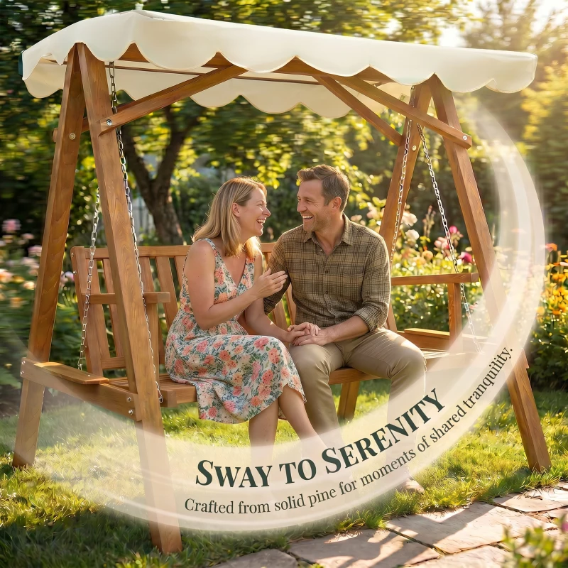 Outsunny 2 Seater Garden Swing Seat with Canopy, Wooden Swing Chair, Outdoor Hammock Bench for Balcony Patio Porch, Cream White