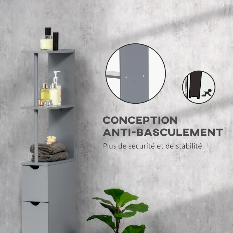 HOMCOM Meuble colonne salle de bain armoire de salle de bain avec tiroirs étagères ouvertes placard 15 x 33 x 136,8 cm gris