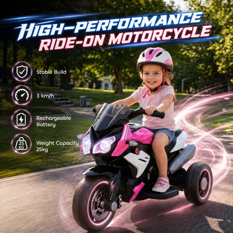 HOMCOM Kids Electric Motorcycle, 6V Ride on Motorcycle with 3 Wheels, LED Headlight, Music, Horn for Boys Girls 3-5 Y, Pink