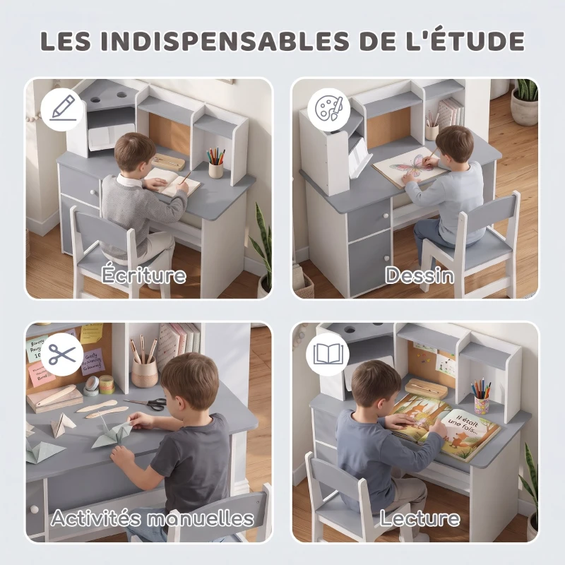 AIYAPLAY Bureau Enfant avec Chaise, Table d'Étude, Support de Tablette Réglable, Porte-Stylos, Panneau en Liège, 5-12 ans, Gris