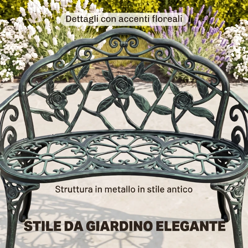 Outsunny Panca da Giardino 2 Posti in Ghisa e Alluminio, Stile Rétro con Decorazioni Floreali, Resiste alle Intemperie