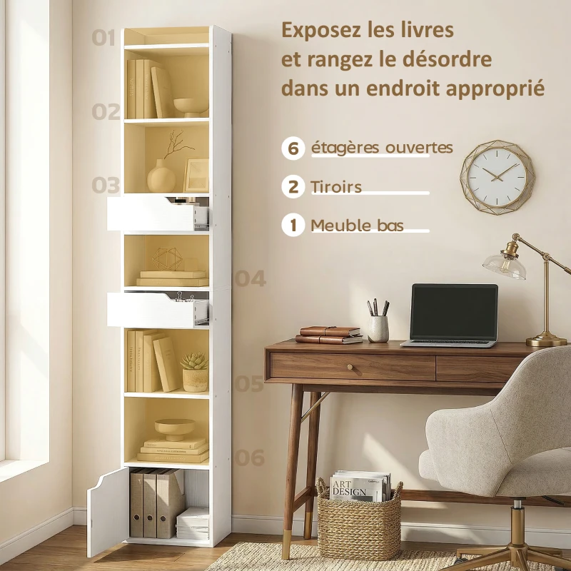 HOMCOM Bibliothèque étagère de rangement étroite, 32x24x181,5cm avec porte 2 tiroirs compartiments ouverts, blanc
