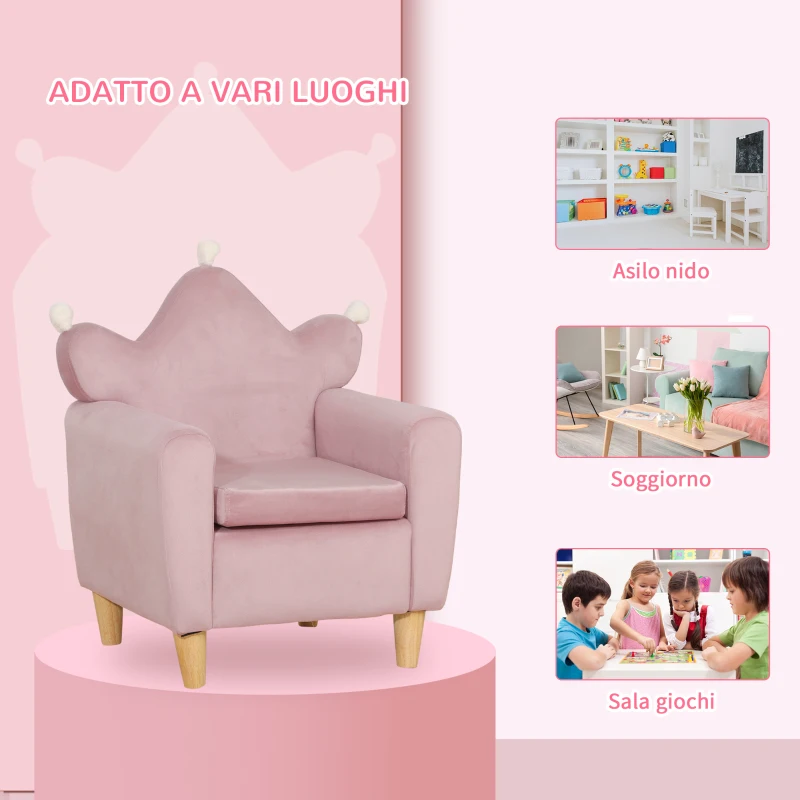 HOMCOM Poltrona per Bambini in Tessuto Effetto Velluto Rosa con Schienale a Corona, 50.2x41.9x57.8 cm