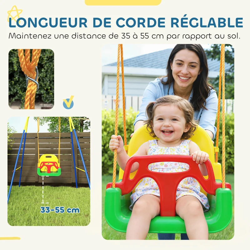 AIYAPLAY Portique Balançoire Enfants 3-en-1, Balançoire Pliable avec Siège Réglable, Intérieur et Extérieur, Multicolore