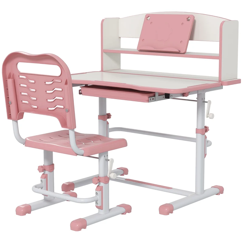 ZONEKIZ Set Scrivania per Bambini con Sedia Regolabile in Altezza e Piano Inclinabile, Età 6-12 Anni, Rosa