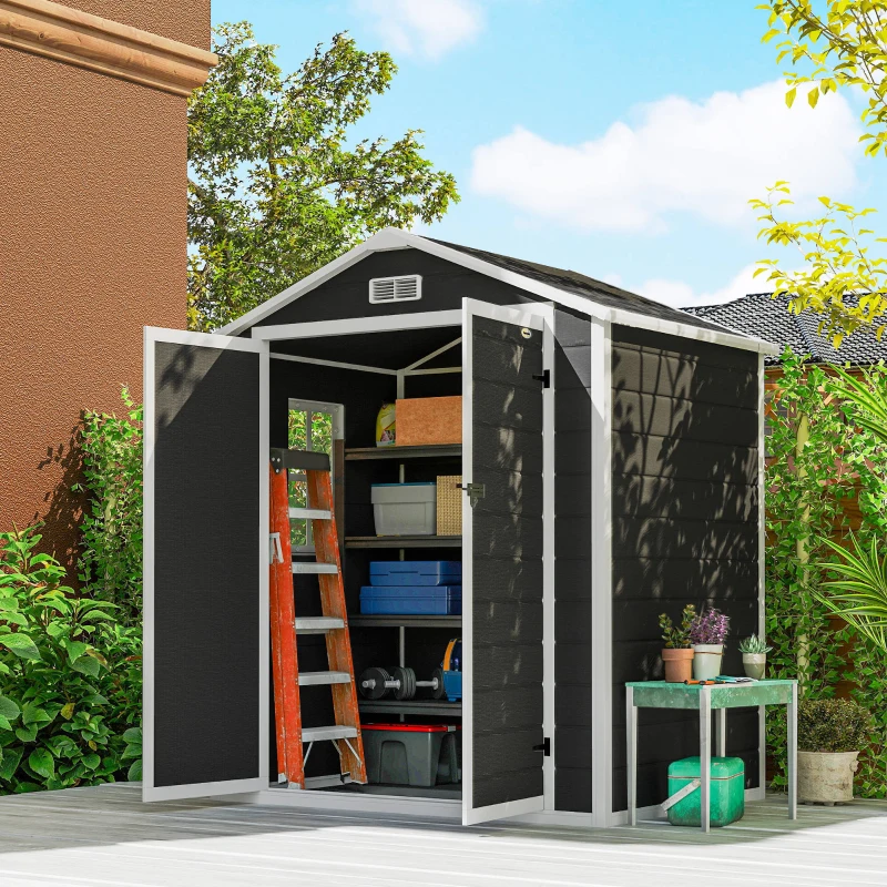 Outsunny 6'x4.5' Garden Storage Shed, Lockable Garden Shed with Double Doors, Window, Vent and Plastic Roof, Black