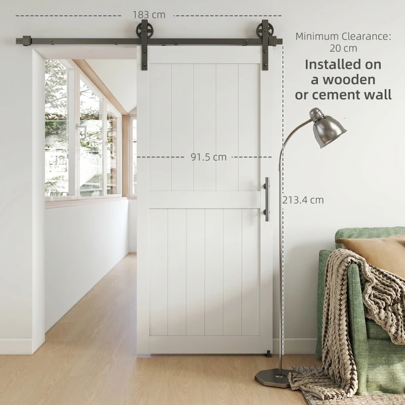 HOMCOM 183cm Sliding Barn Door Kit, Sliding Door with Track, Hardware, Upgraded Rollers and Floor Guide, Handle, White
