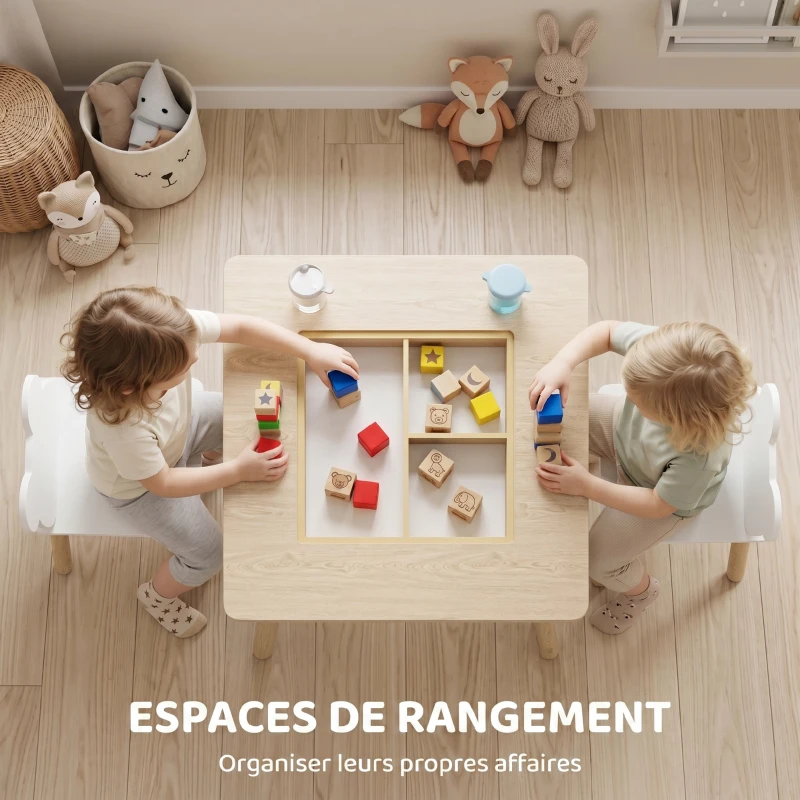 AIYAPLAY Ensemble 1 table et 2 chaise 3 pièces pour enfants avec plateau réversible espace de rangement bois naturel