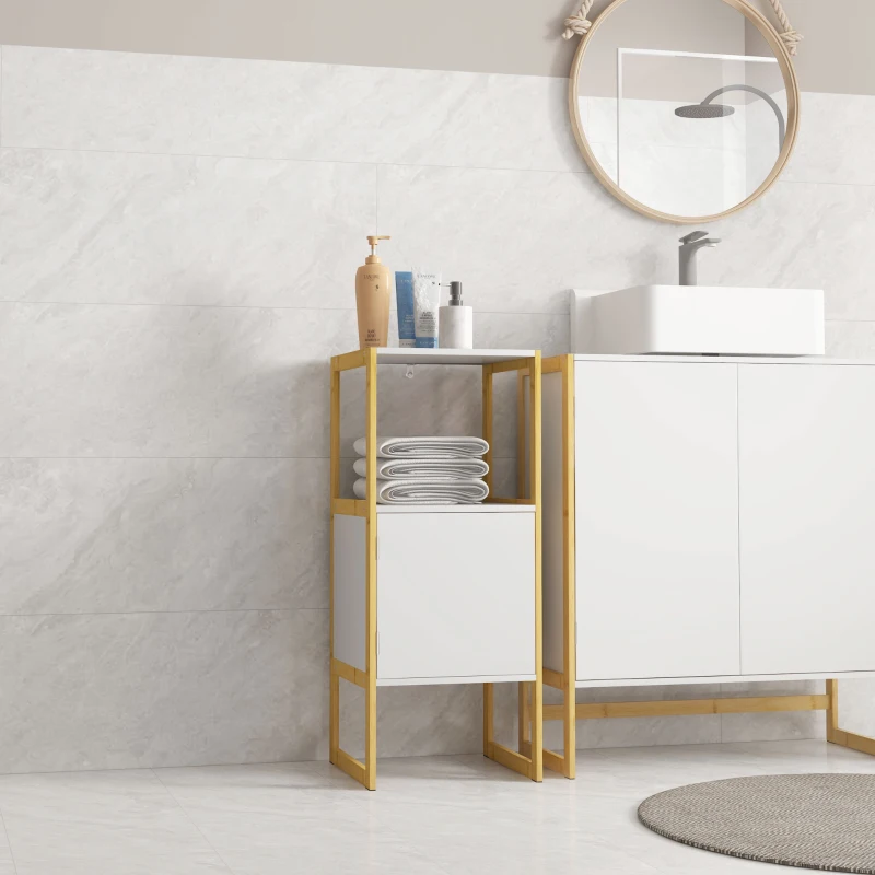 HOMCOM Meuble de rangement pour salle de bain avec cadre en bambou, étagère ouverte et porte à ouverture par pression, blanc