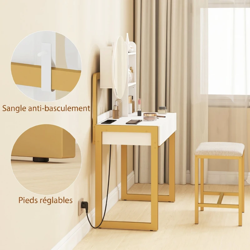 HOMCOM Coiffeuse avec miroir et tabouret, station de charge, table de maquillage avec 2 tiroirs, 3 étagères ouvertes, blanc