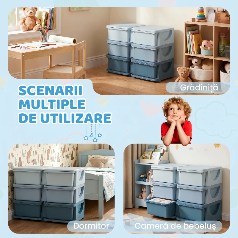 HOMCOM Comodă cu 6 Sertare pentru Copii 3-6 Ani cu Margini Rotunjite, din PP Albastru, 75x37x56.5 cm