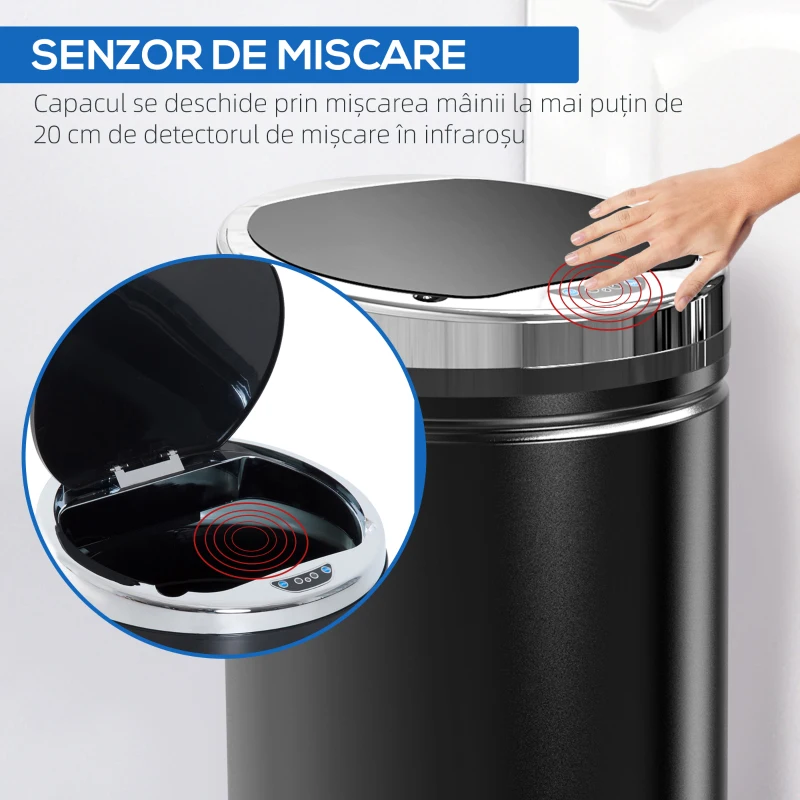 HOMCOM Coș de Gunoi Automat de 42L cu Senzor cu Infraroșu din Oțel și Plastic, 30.5x30.5x68 cm