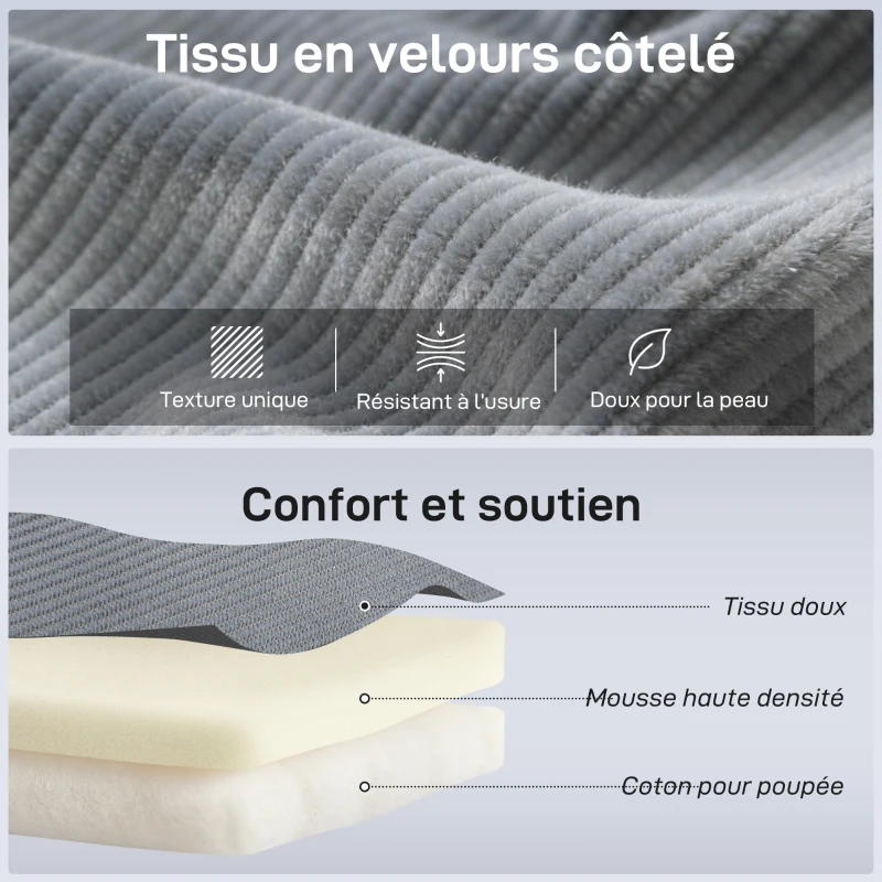 HOMCOM Fauteuil de sol pliable en velours côtelé, matelas de sol avec dossier réglable en 5 positions, 59 x 230 x 15 cm, gris