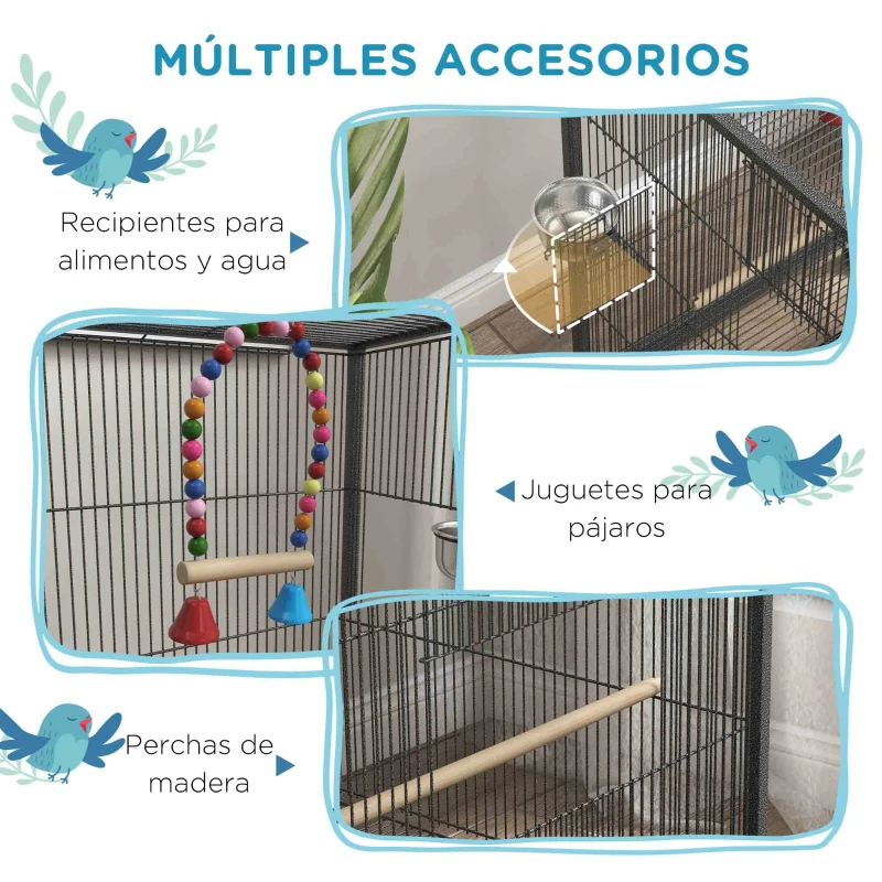 PawHut Jaula para Pájaros con Ruedas con Comederos Perchas Columpio Estante y Bandeja Extraíble 48x46x78 cm Gris
