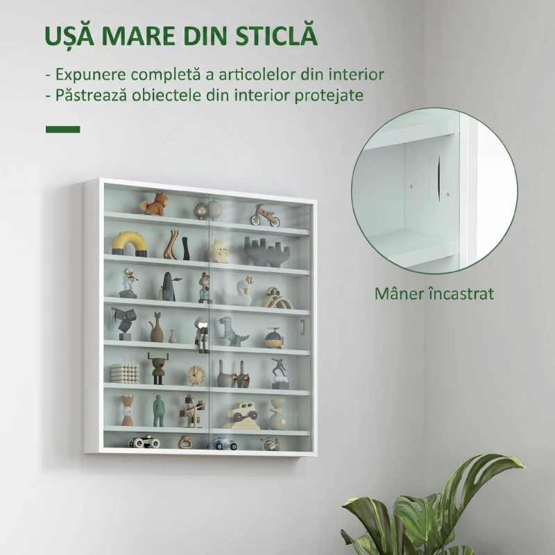 HOMCOM Vitrină pentru obiecte cu 6 rafturi reglabile, din PAL, cu uși din sticlă, 80 x 9,5 x 83 cm, alb