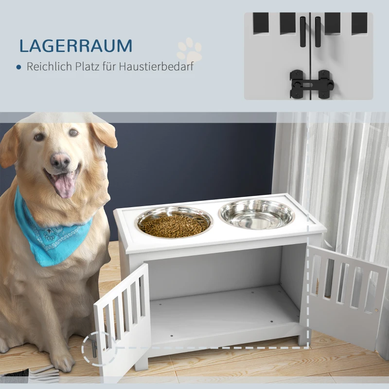 PawHut Verhoogde Voederstation voor Grote Honden, 2 Roestvrijstalen Bakken, Opbergruimte, 35,5x60x30 cm, Wit