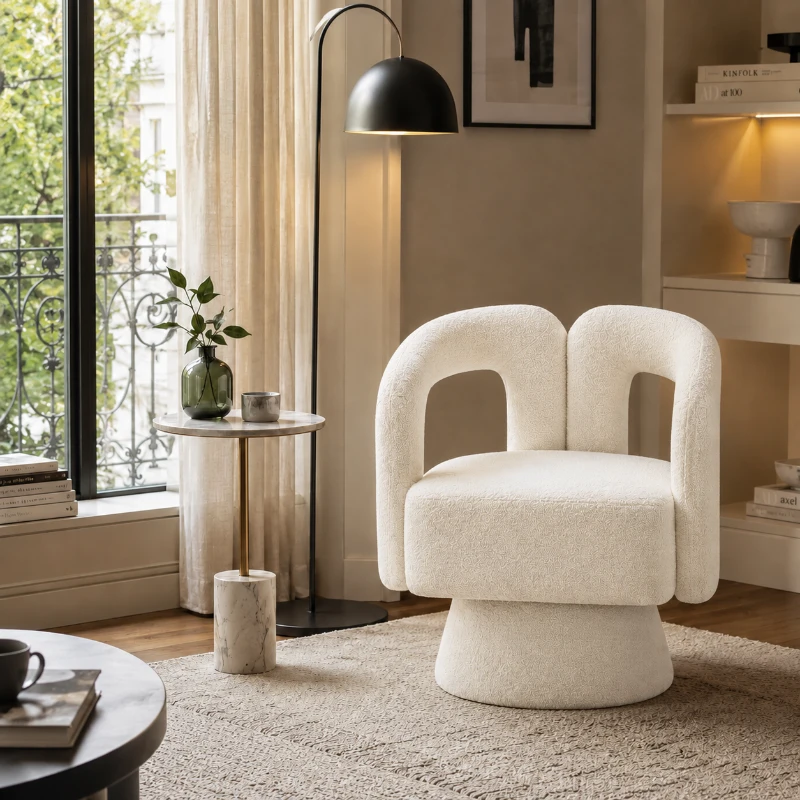 Designer-Drehstuhl für Büro, gepolstert mit Bouclé-Stoff, Tonnenform für Wohnzimmer und Büro, Beige