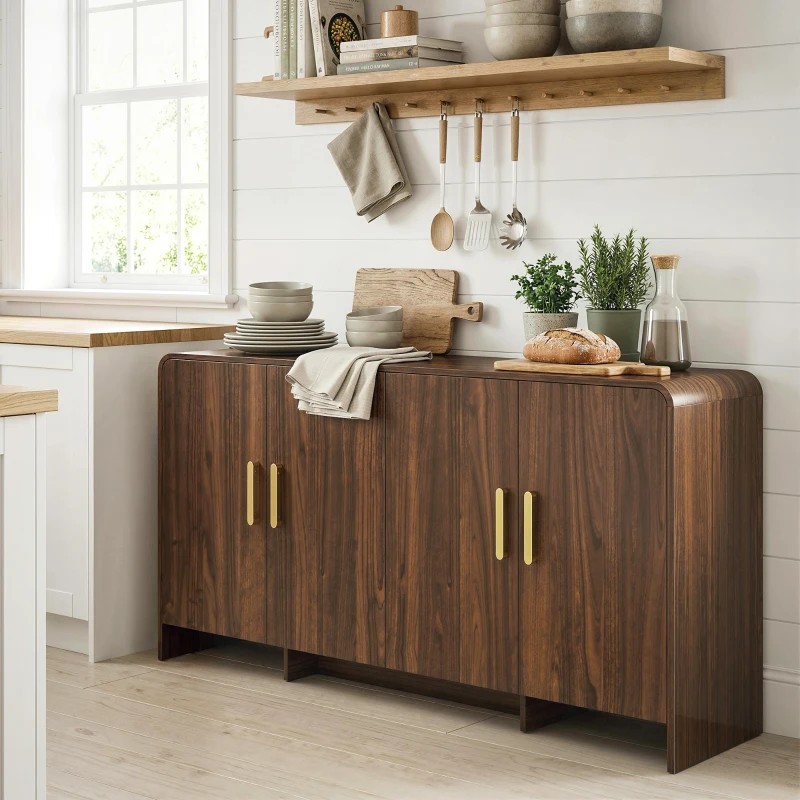 HOMCOM Buffet cuisine, meuble de rangement avec 4 portes à fermeture douce, 4 compartiments et bords arrondis, 152x40x80cm, noyer