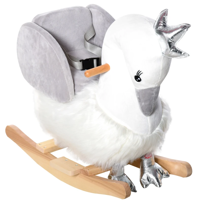 HOMCOM Cheval à Bascule modèle Cygne Fonction Musicale Selle Grand Confort Peluche Courte Douce Bois peuplier Blanc et Gris dim. 60L x 33l x 59H cm