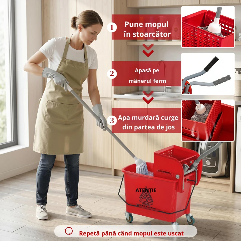 HOMCOM Găleată de mop cu stoarcător, panou separator și roți, capacitate 20 L pentru curățenie casnică 45x26,5x70 cm roșu