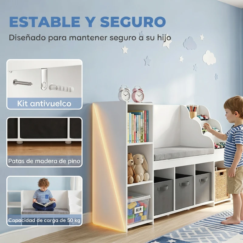 AIYAPLAY Estante Infantil para Brinquedos com Canto de Leitura Almofada 3 Gavetas de Tecido 3 Prateleiras 4 Compartimentos 137x40x80 cm Branco