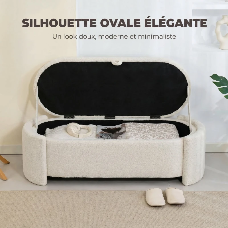 HOMCOM Banc de rangement, bout de lit ovale en polaire Teddy avec assise large, 129 x 48,5 x 44 cm, crème
