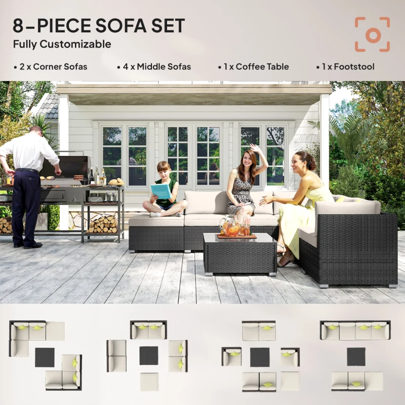 Outsunny 8 Piece Rattan Corner Sofa Set with Wide & Deep Seat, Assembled Aluminium PE Rattan Garden Furniture Set with Thick Cushions and Glass Top Table for Outdoor, Conservatory, Black
