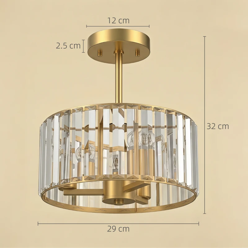 HOMCOM Semi Flush Mount Modern Crystal Chandelier Ceiling Light, Crystal Ceiling Light Fixture with E14 Base, Gold