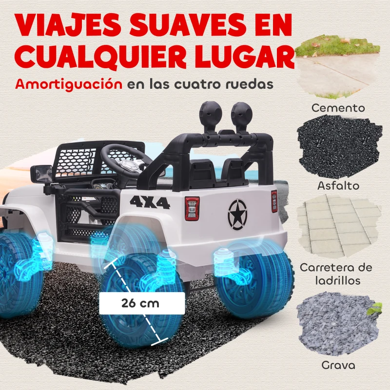 HOMCOM Coche Eléctrico para Niños de +3 Años Vehículo Todoterreno de Batería 12V con Control Remoto 100x65x72 cm Blanco