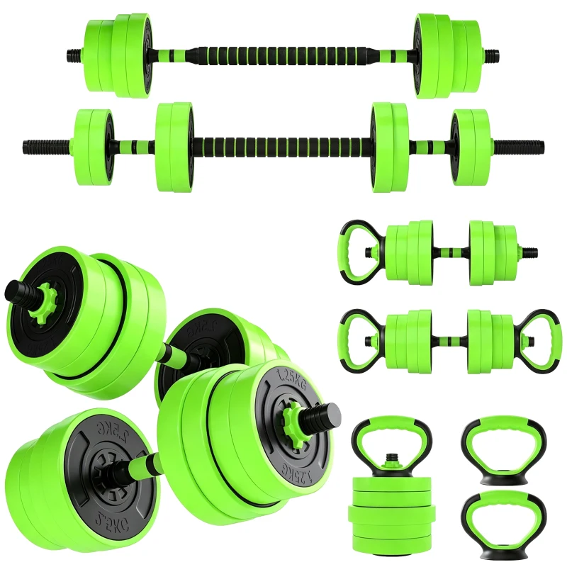 SPORTNOW 30kg 6-In-One Adjustable Weight Dumbbells Set, Barbell, Kettlebell, Push Up Stand - Green
