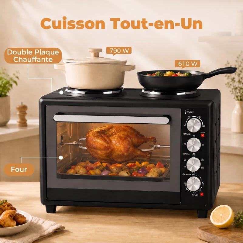 HOMCOM Mini-Four avec 2 Plaques de Cuisson et Broche Rotative 46L 2850 W, Four à Convection Multifonction, Minuterie, Noir