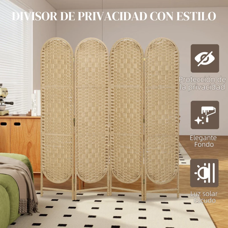 HOMCOM Biombo Separador de Ambientes 4 Paneles 160x170 cm con Parte Superior Arqueada Tejido a Mano Divisor Plegable Natural